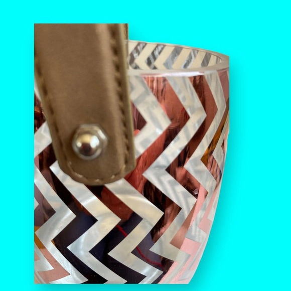 Vintage Leather Handled Glass Ice Bucket Gold Metallic Vertical Zigzag Chevron - Picture 4 of 8